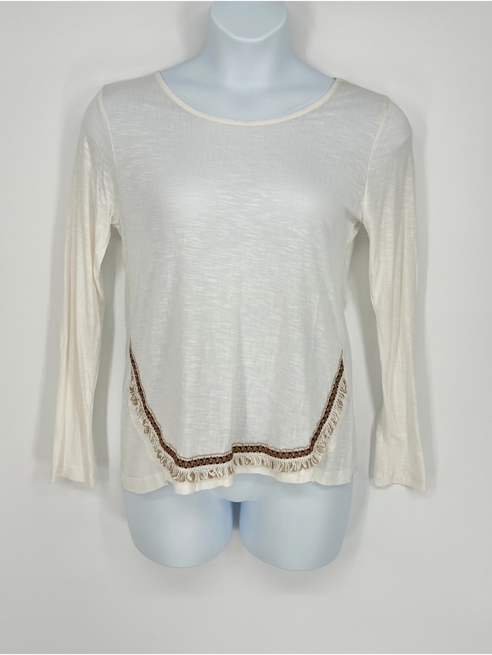 C by Charlotte Russe Ivory Fringe Trim Long Sleeve Slub Knit Top NWT Size L
